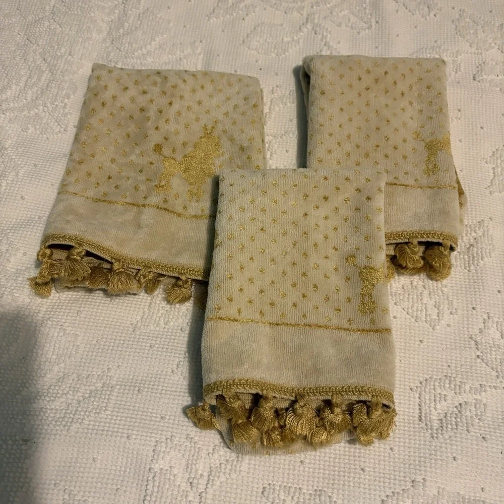 Poodle‎ Hand Towels Gold Cream All Over Print Fancy VTG 3 Fringed